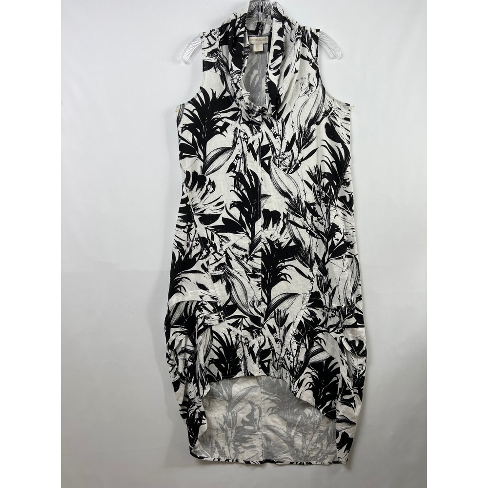 Cynthia Rowley Dress Womens S Black White Linen Tropical Cowl Neck High Low Midi